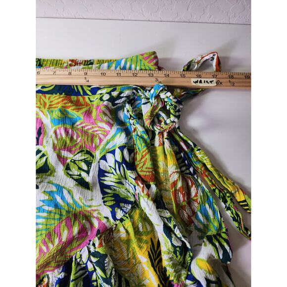 NICOLE MILLER Yellow Red Green Tropical Floral Vacation Faux Wrap Midi Skirt SZS - Picture 7 of 10